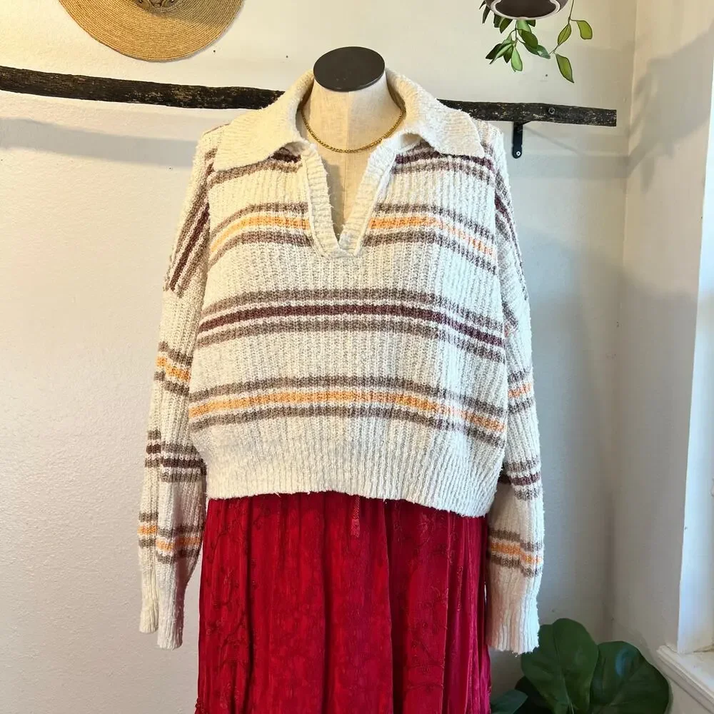 Free People Kennedy Striped Collared Cropped Chunky Knit Sweater Size Large